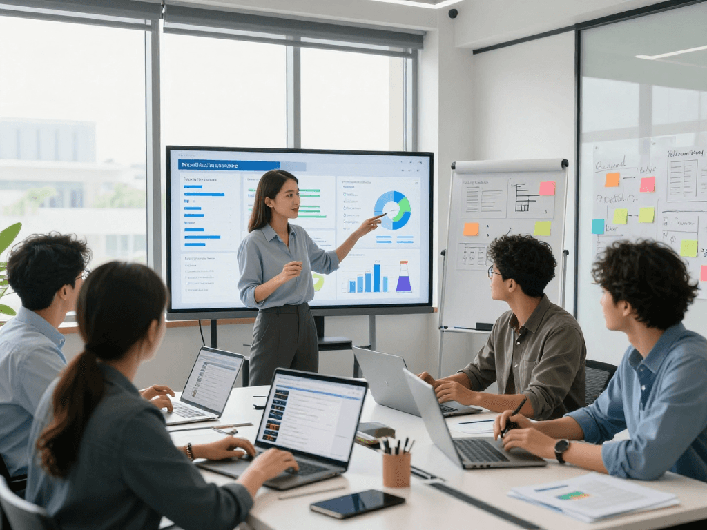 Equipe colaborando sobre estratégias multicanais em ambiente moderno.