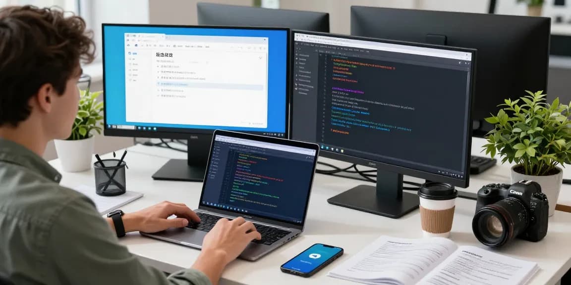 Adjusting Telegram Chinese settings on a developer's workspace with dual monitors.