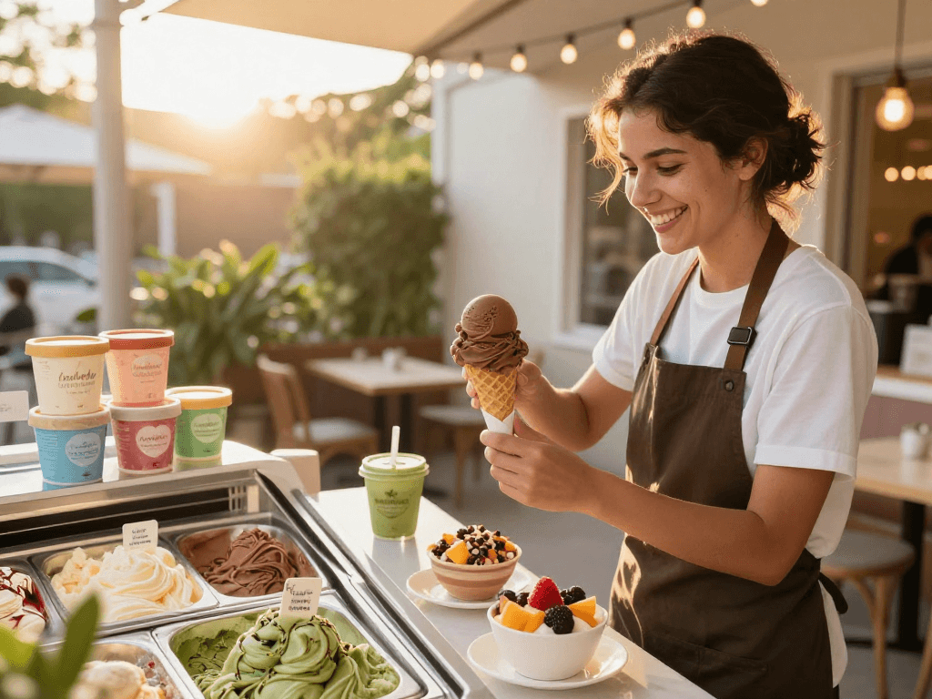 rokok88 slot login with a joyful server serving ice cream at a charming shop