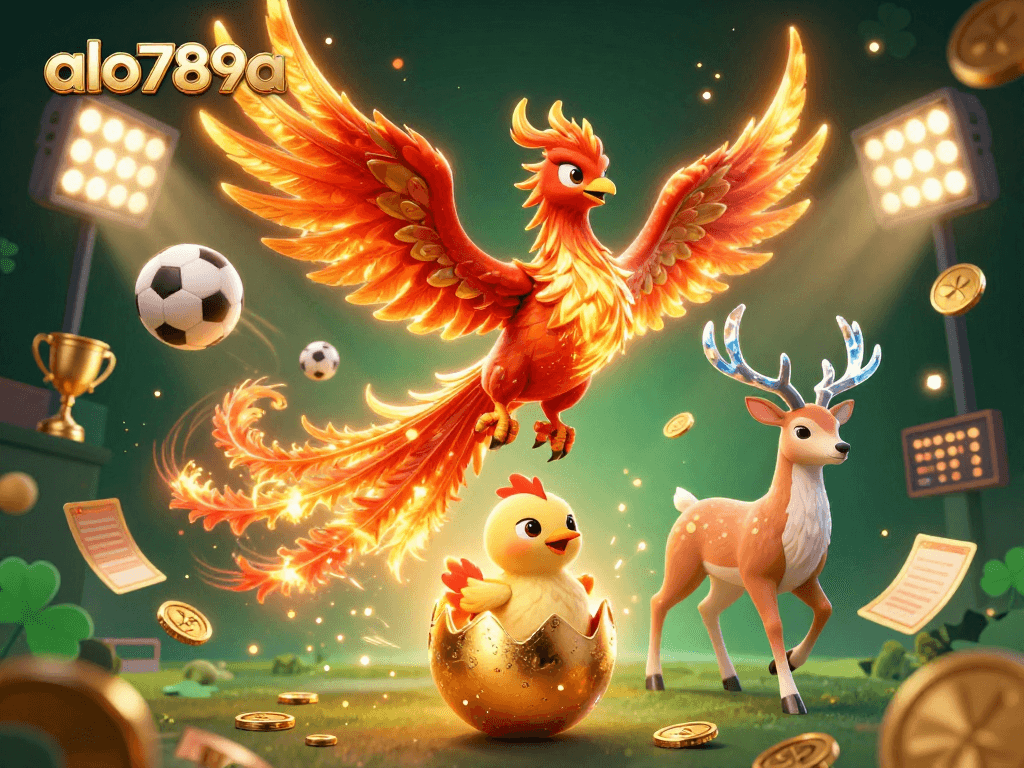 Alo789a showcases a thrilling scene with a phoenix, baby chick, and stag in a vibrant casino setting.