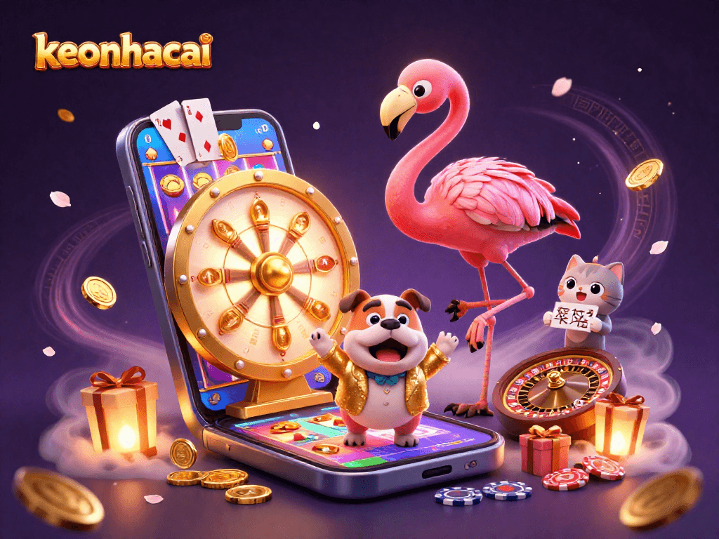 Join the excitement of keonhacai with a flamingo host, gaming prizes, and colorful slot reels.