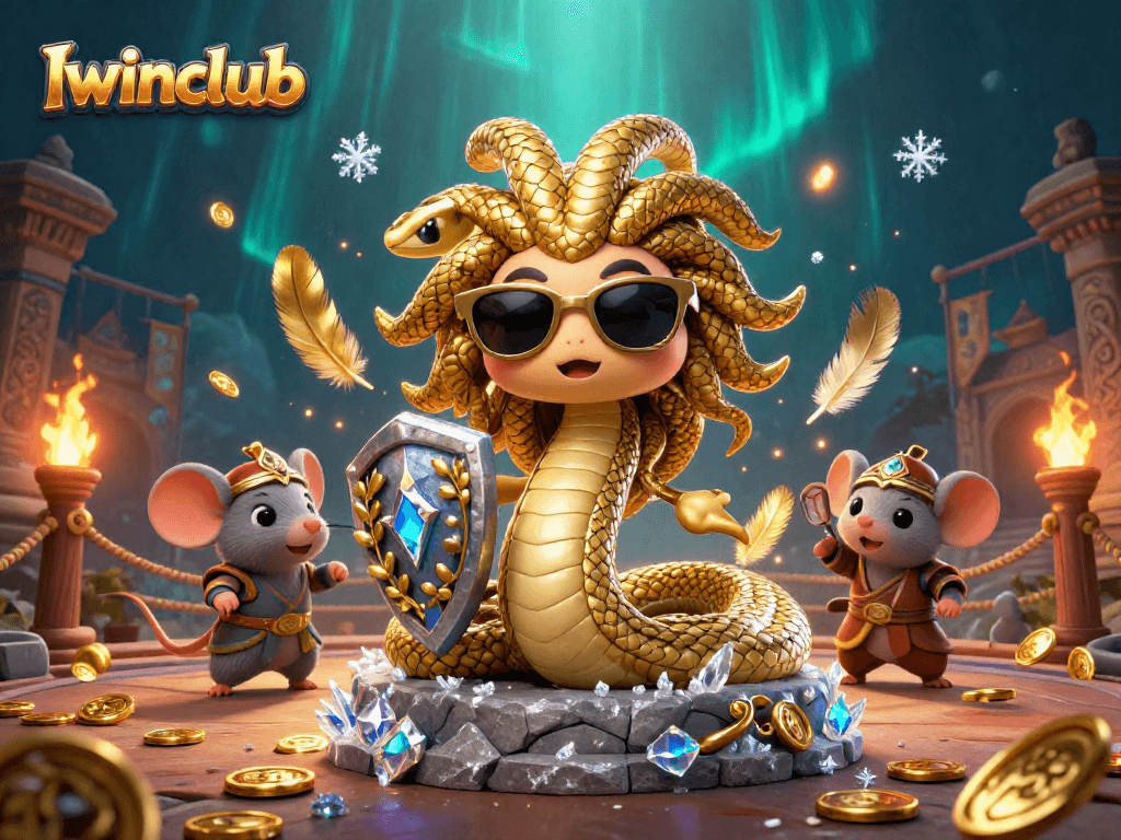 Iwinclub showcases vibrant 3D Medusa and warrior mouse in an engaging casino arena setting.