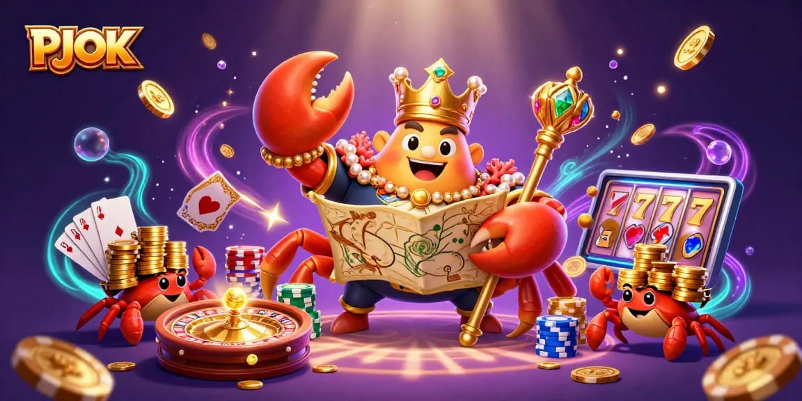 PJOK offers a dazzling gaming experience with thrilling elements like cascading coins, spinning roulette wheels, and colorful poker chips.