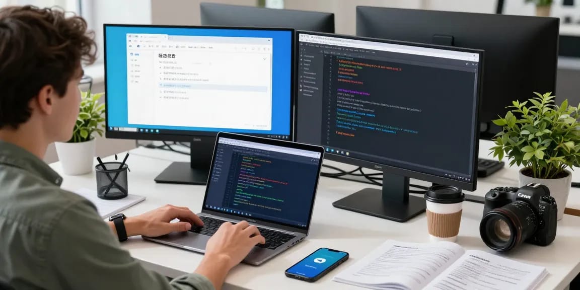 Adjusting Telegram Chinese settings on a developer's workspace with dual monitors.