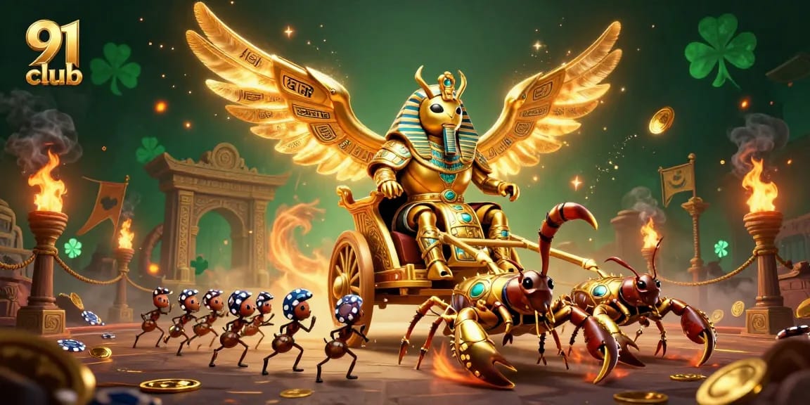 Engage with 91 club's thrilling gaming experience, featuring a golden chariot and scorpions.