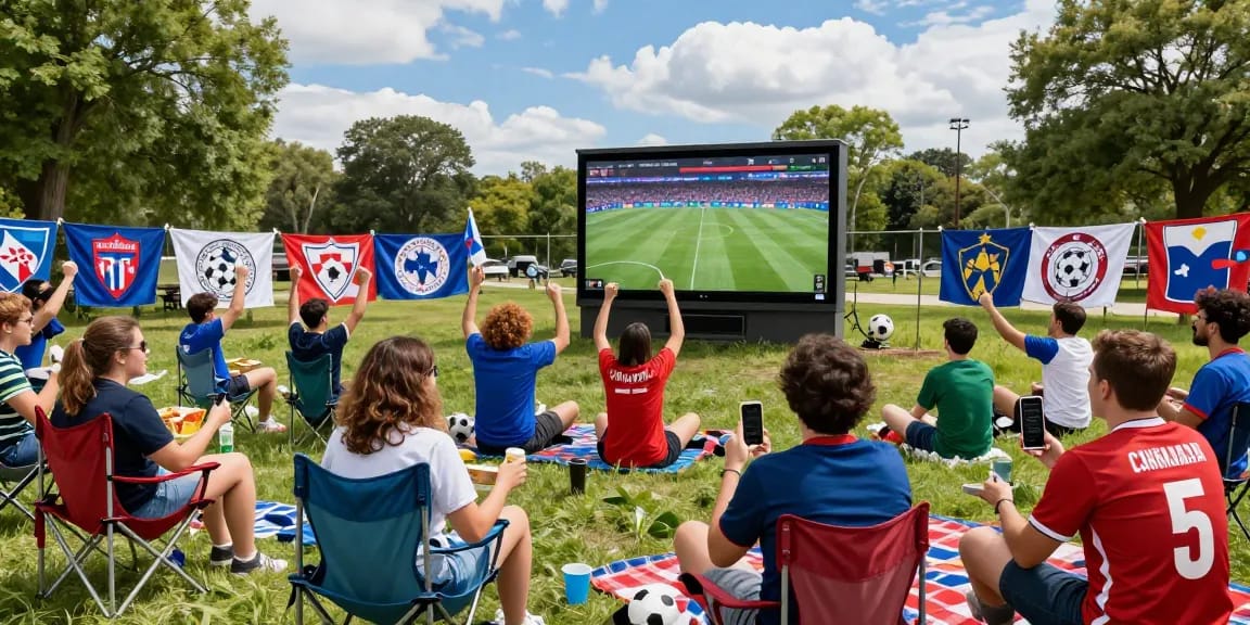 Excited fans enjoying a multicanais football match in a lively outdoor setting.