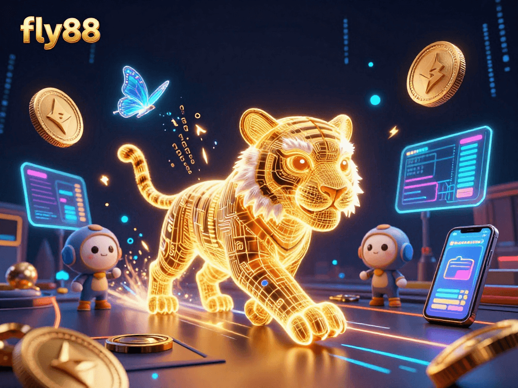 Experience fly88's vibrant casino atmosphere featuring a digital tiger and crypto elements.
