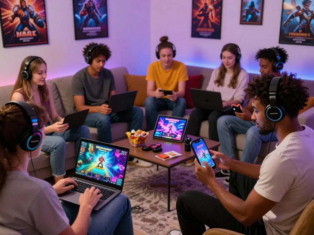 Players enjoying free porn games in a cozy gaming room, showcasing diverse gamers and devices.