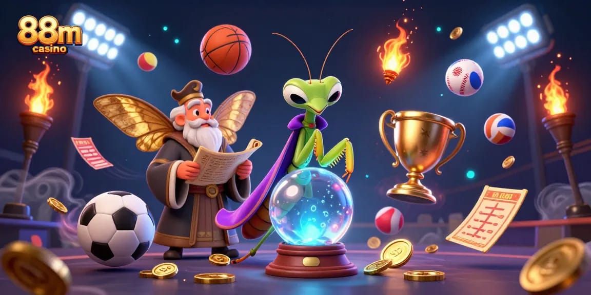 Win at 88m casino with a vibrant illustration of sports betting and chance games.