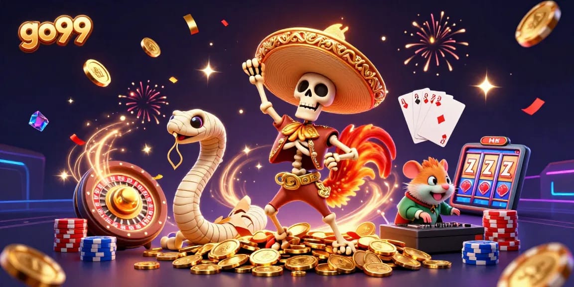 Experience thrilling wins at go99 with a festive 3D casino adventure scene filled with excitement and action.