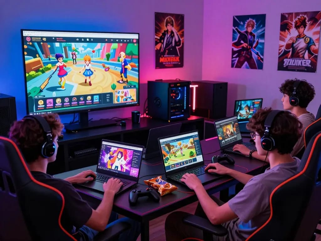 Gamers enjoying an adult game on various devices, capturing the vibrant community atmosphere.