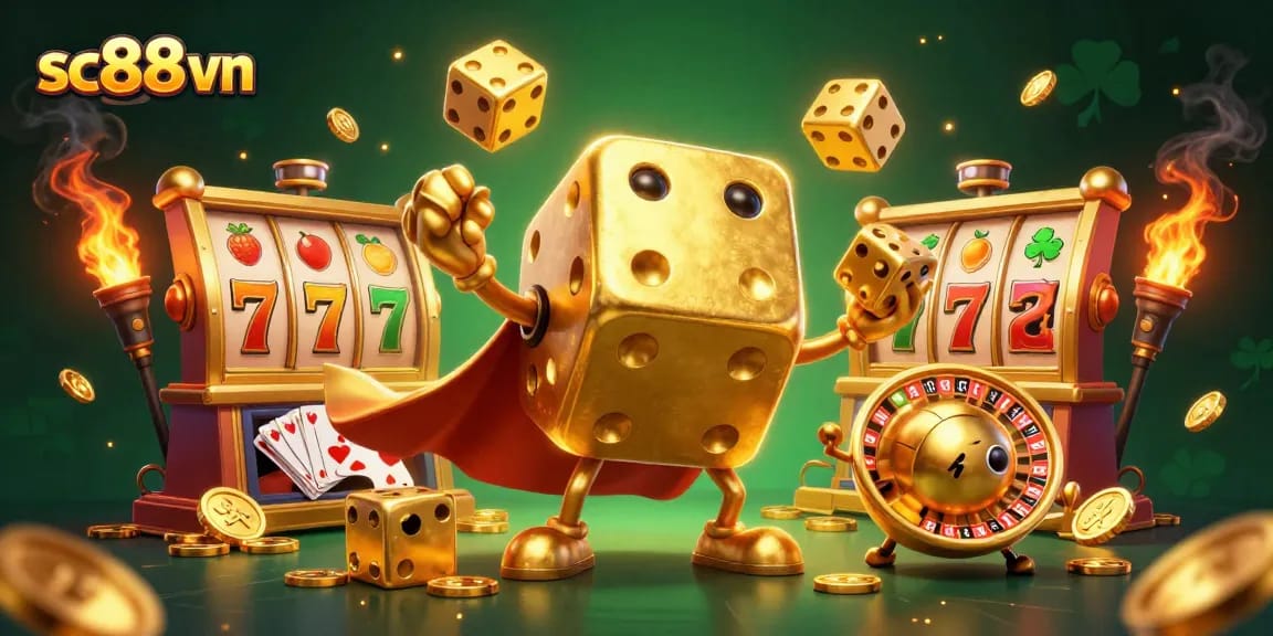 Engage in thrilling gaming adventures at sc88 vn featuring a golden dice golem, slot games, and dynamic casino elements.