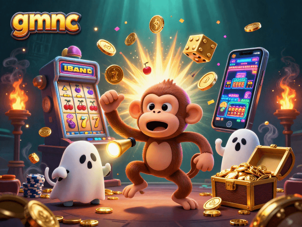 gmnc showcases a lively casino scene with a playful monkey and ghost-hunter puppy tracking golden treasures.