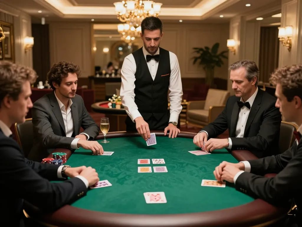 Players engage in strategic gameplay during a high-stakes poker game at Jogoluck's exclusive club.