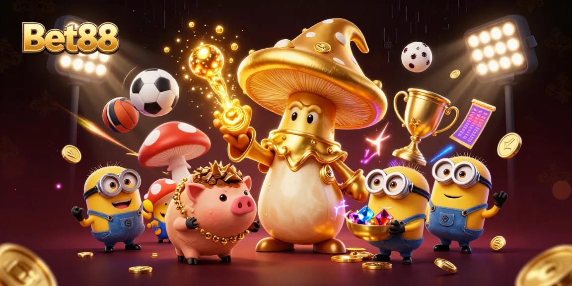 Bet88 illustrates a dynamic gaming scene with a golden wizard and treasure-hunting pig in a casino theme.