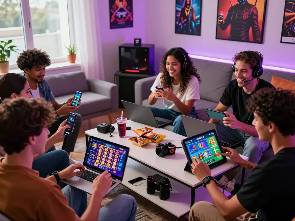 Engaged friends enjoying the TR88 app on multiple devices in a vibrant gaming scene filled with colorful graphics and snacks.