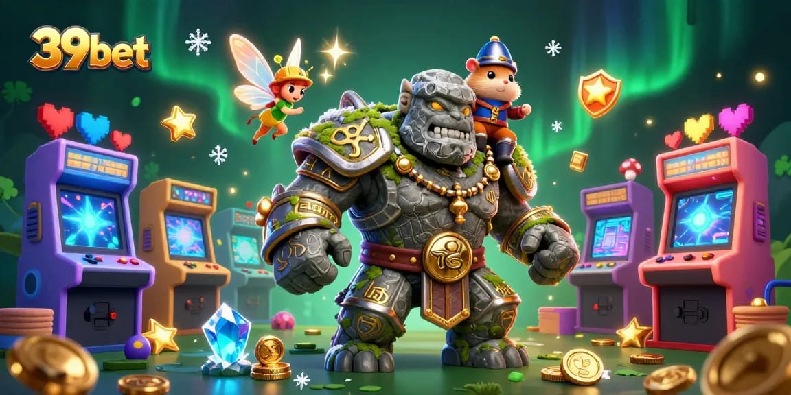 Engage in the world of 39bet with an enchanting 3D scene showcasing a magical golem and a brave hamster knight amid colorful arcade elements.