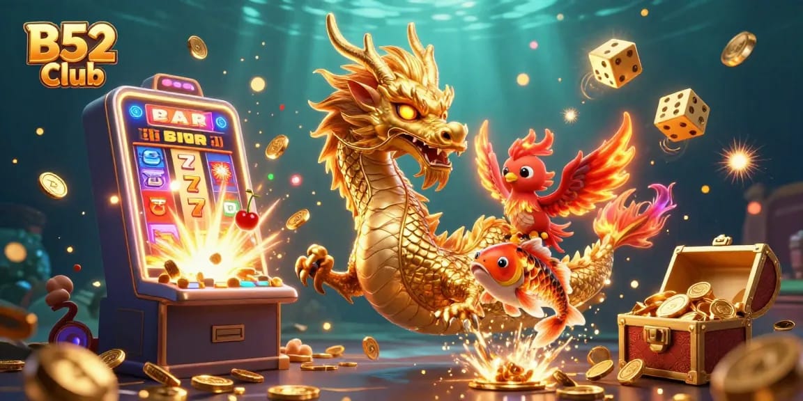 B52 Club enhances gaming excitement with a golden dragon, lucky koi fish, and dynamic jackpot features.