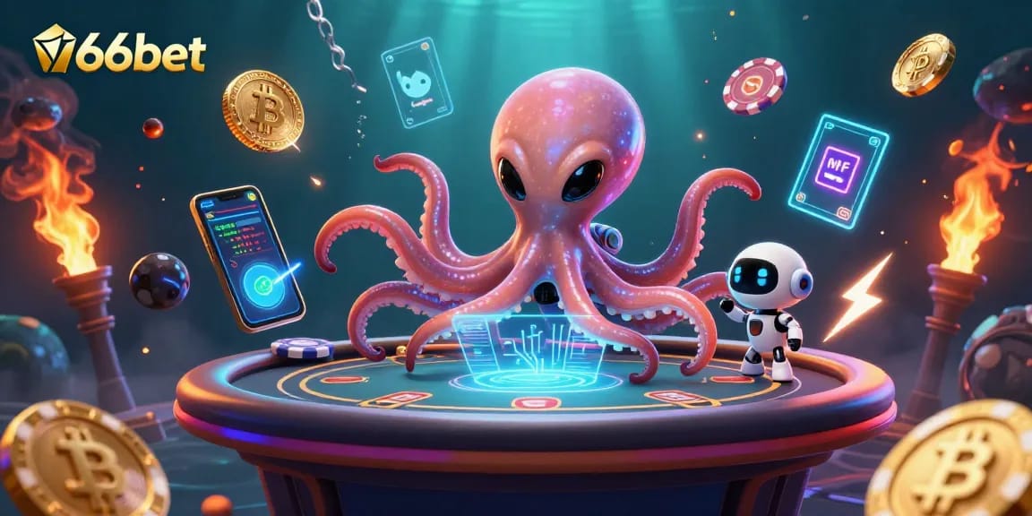 Engage with 166bet's exciting slot games featuring an alien octopus and robot at a holographic table.