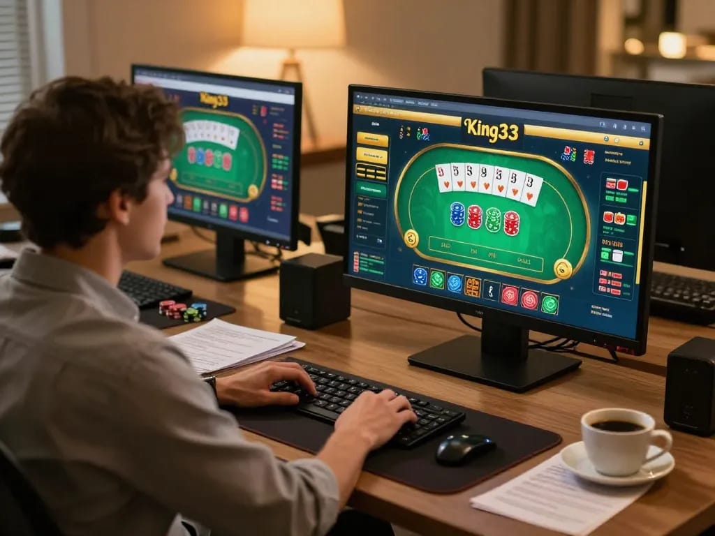 Engaging game scene showing a player immersed in king33 online casino gameplay at home with vibrant displays and strategy notes.