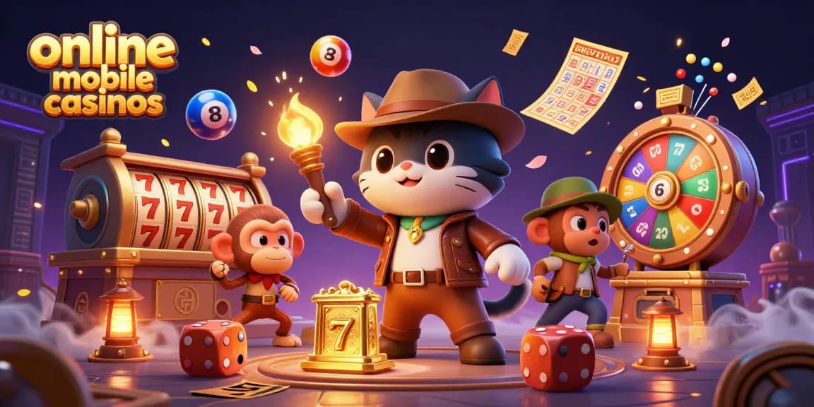 Engage with online mobile casinos as a cat archaeologist discovers treasures surrounded by vibrant gaming elements.