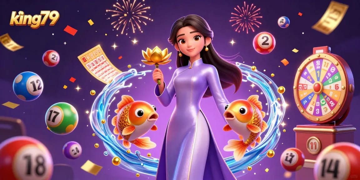 Engage in thrilling casino games at king79, featuring vibrant lottery elements and enchanting characters amidst festive confetti.