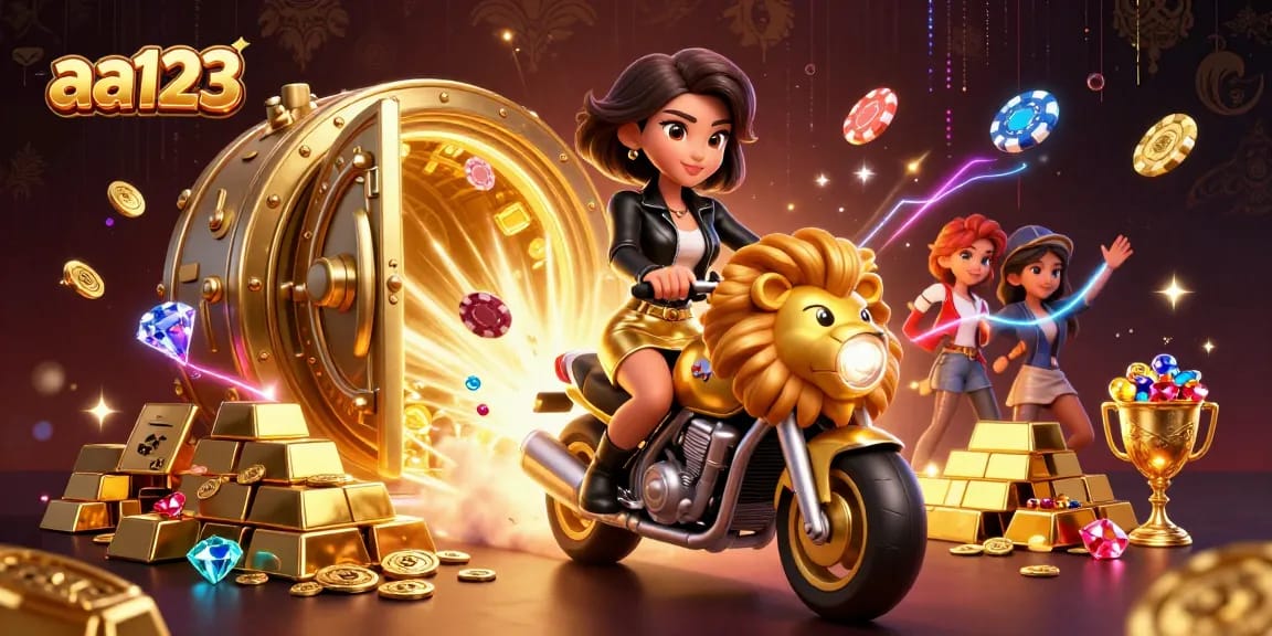 Jogue jogos emocionantes no aa123 com brilhos e uma mulher asiática glamurosa montando um leão dourado.