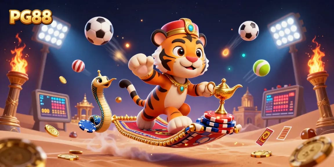 Engage in thrilling gameplay with PG88, depicted in a vibrant 3D casino world full of sports elements, trophies, and animated coins.