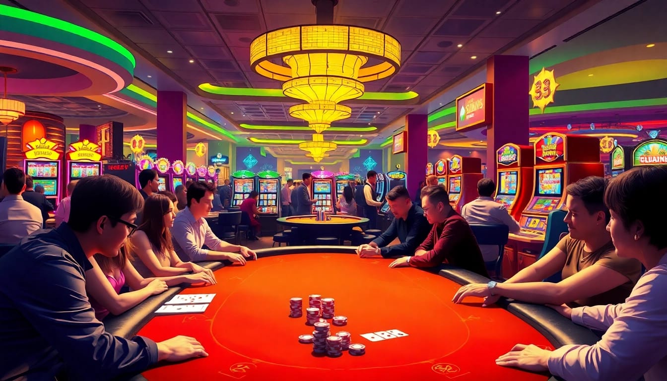 Profitez de l'atmosphère animée d'un nouveau casino en ligne avec des joueurs engagés autour des tables de jeu.