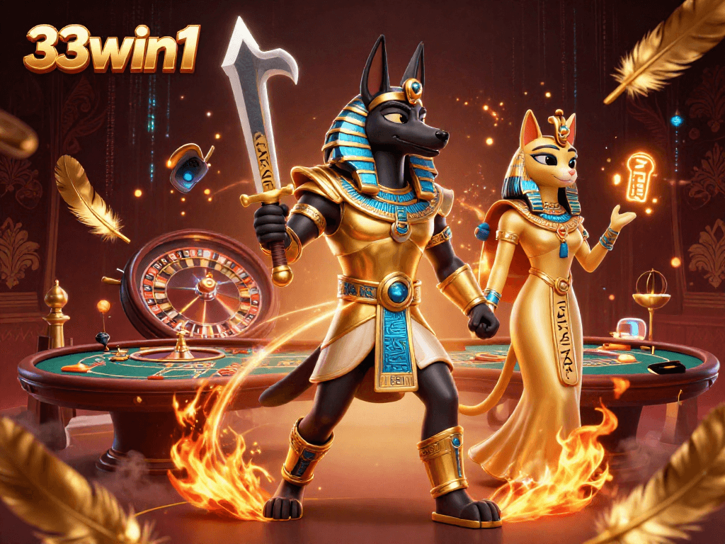 Engage with thrilling games at 33win1 through an ancient Egyptian-inspired casino scene.