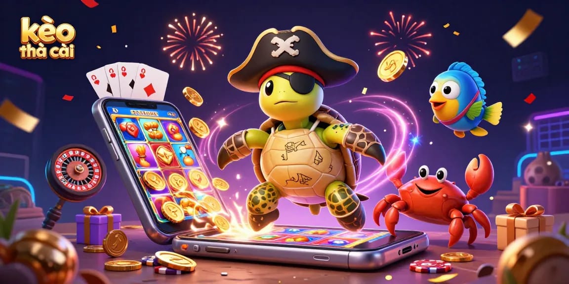 Engaging action with kèo nhà cái featuring a pirate turtle and friends above treasures in a dynamic casino scene.