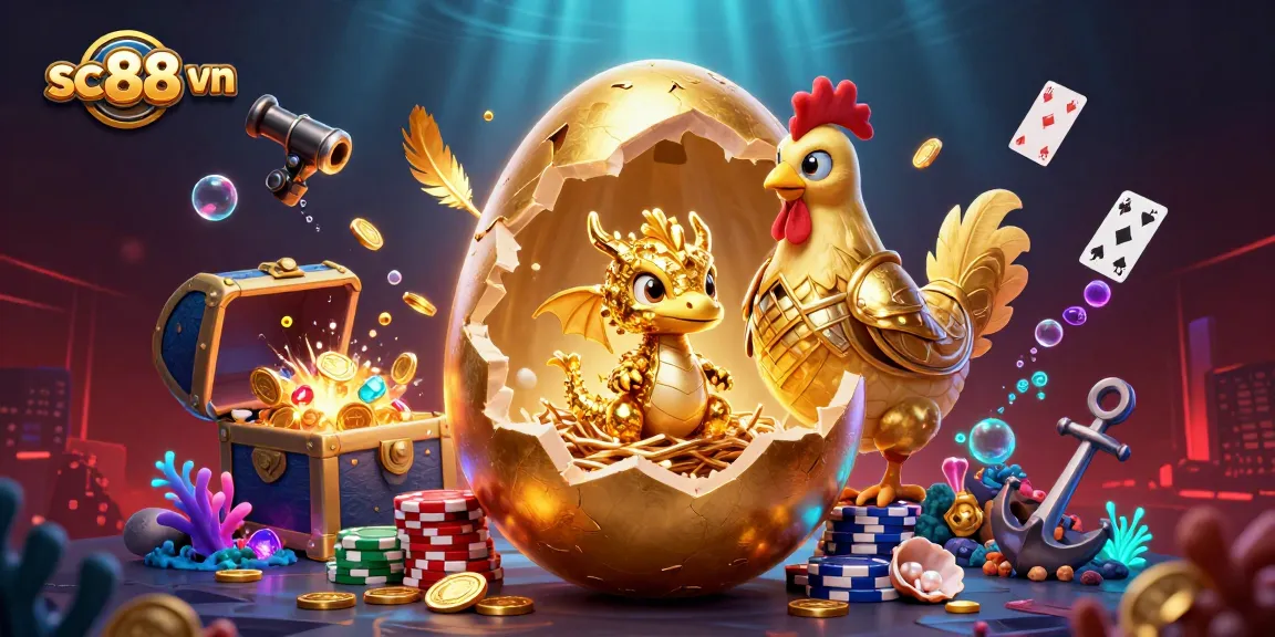 Experience thrilling gameplay with sc88 vn's golden egg dragon on poker chips amidst underwater treasure.