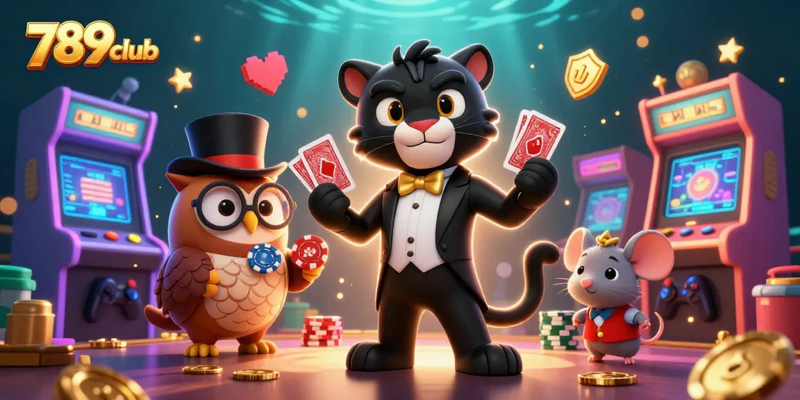 Engage with 789club as a stylish black panther deals cards surrounded by vibrant gaming elements and charming characters.