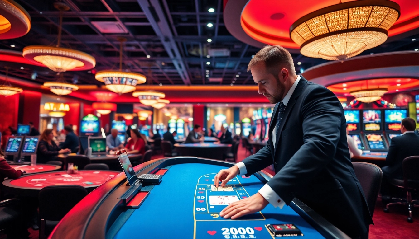 Jouer à des jeux de casino en ligne sans wager avec excitement dans un casino vibrant.