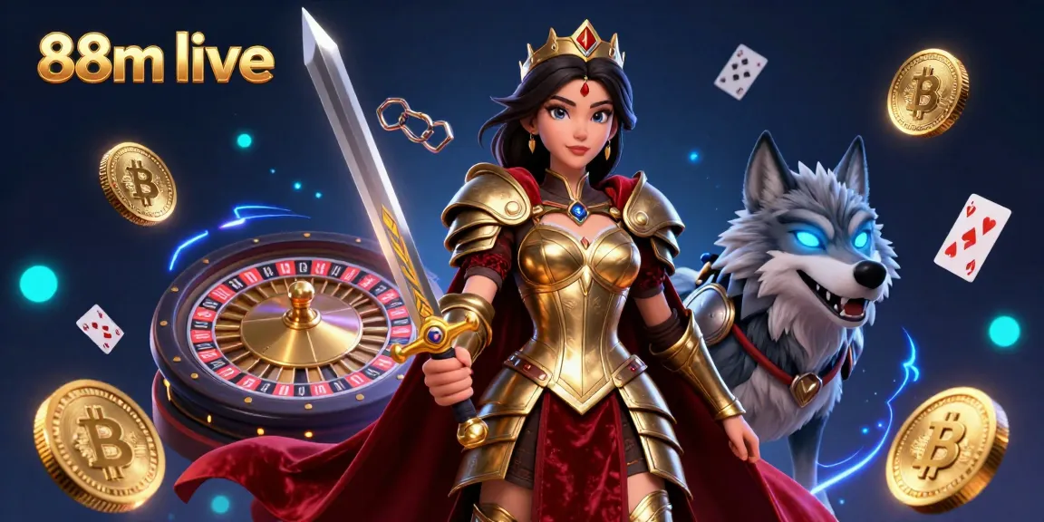 Engage with 88m live at the vibrant casino scene featuring a warrior queen and glowing game elements.