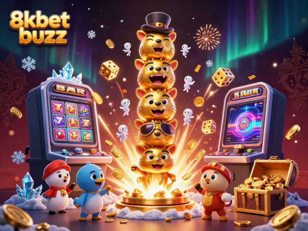 Experience the 8kbet buzz with animated casino fun featuring vibrant characters and slot machine action.