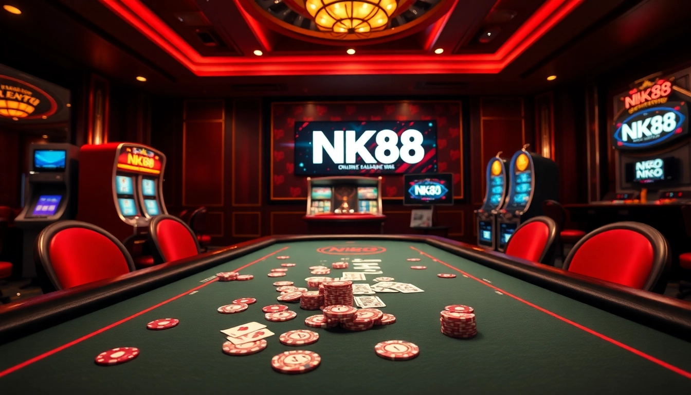 Experience the excitement of NK88 with vibrant casino chips and games in a luxurious setting.