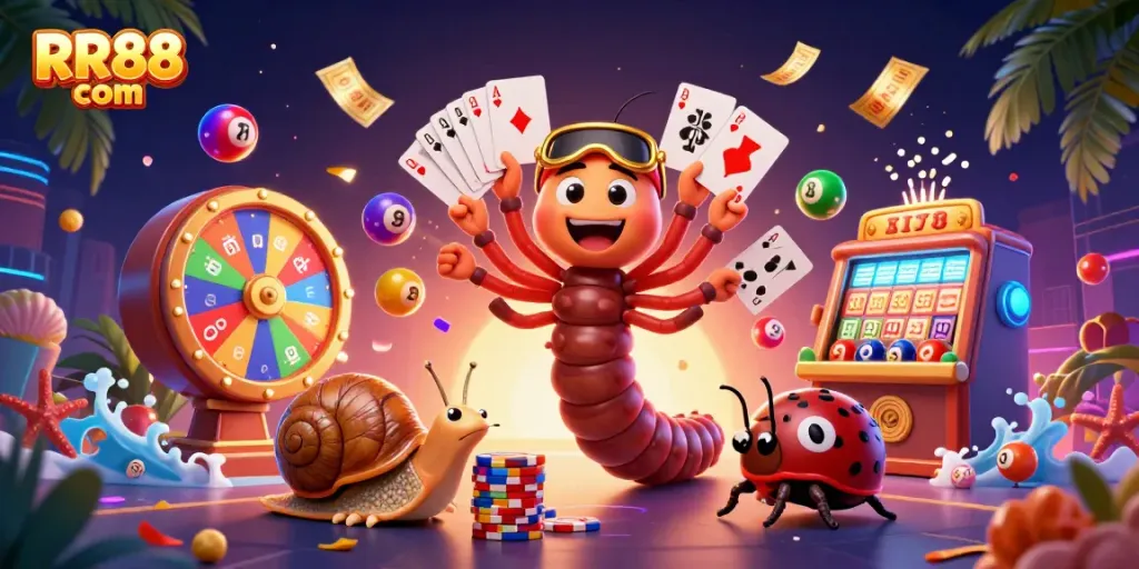 Win big at RR88 com with colorful characters and exciting lottery elements in this vibrant illustration.