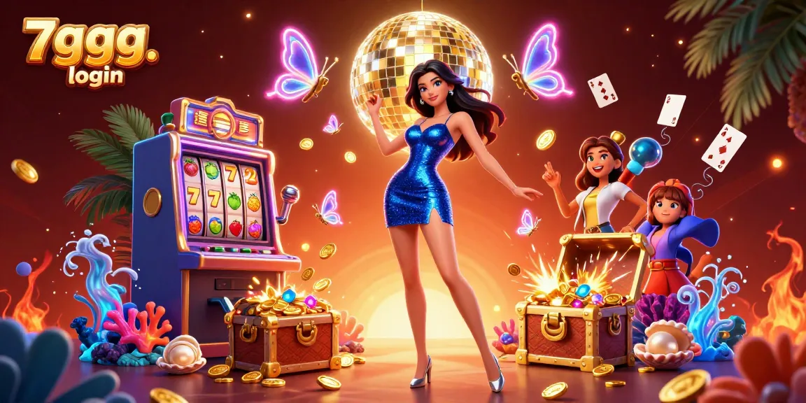 Experience the excitement of 7gggg login with vibrant illustrations of slots and a glamorous dance.