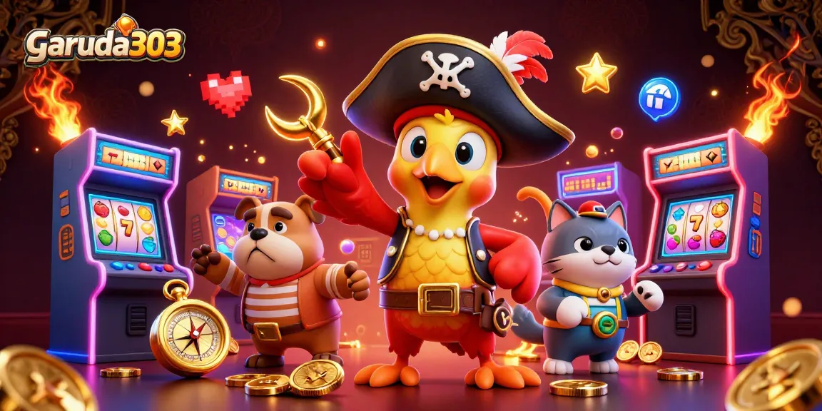 Experience thrilling gaming action with garuda303 in a lively casino scene featuring a parrot captain and slot machines.