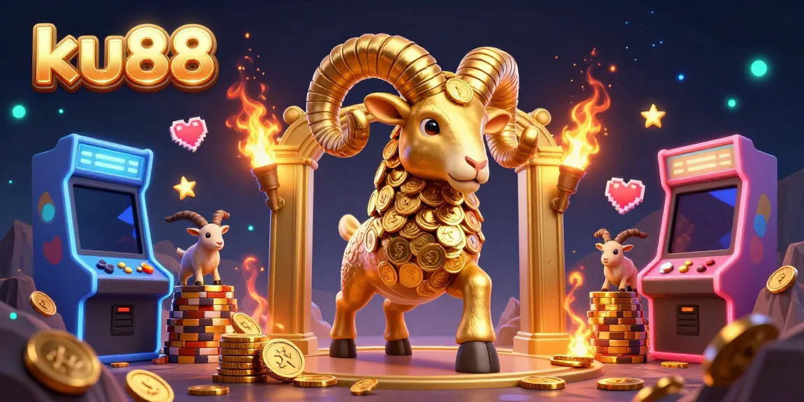 Engage with the vibrant ku88 online casino through a dynamic scene featuring a golden ram and arcade elements.