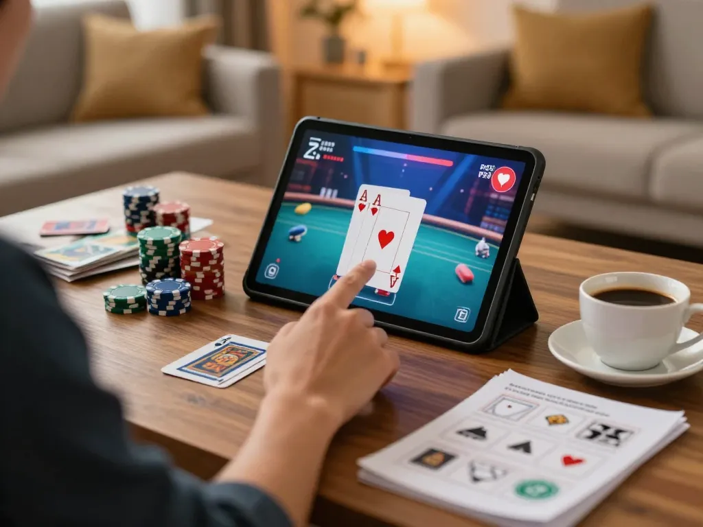 Engage in strategic poker gaming on your tablet with 40WIN in a cozy home environment.
