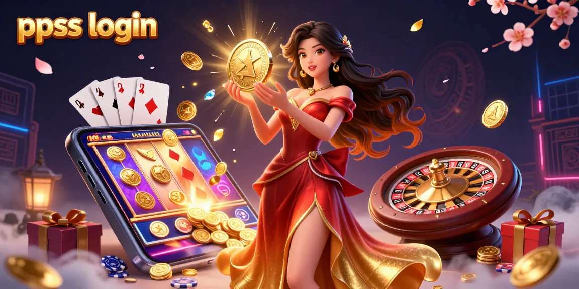 Ply slots and claim rewards with the ppss login, featuring a glamorous character amid dazzling casino elements.
