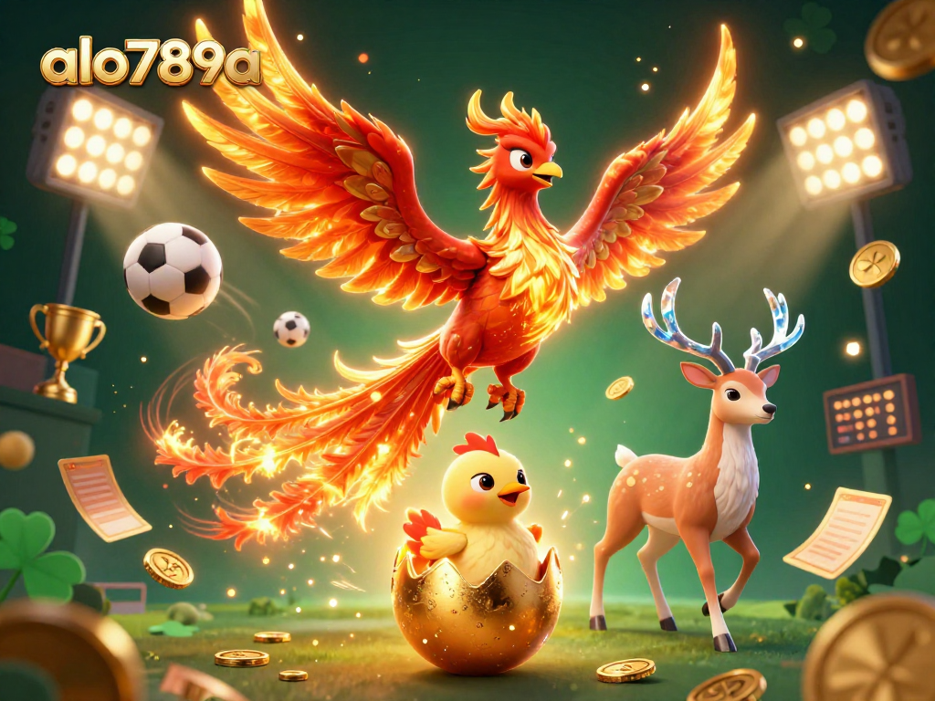 Alo789a showcases a thrilling scene with a phoenix, baby chick, and stag in a vibrant casino setting.