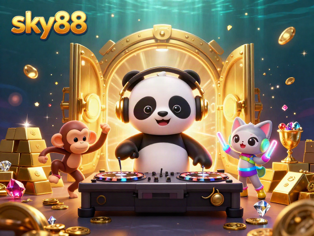 Experience sky88's vibrant gaming scene with DJ panda, dancing monkey, and rave kitten in a dazzling casino.