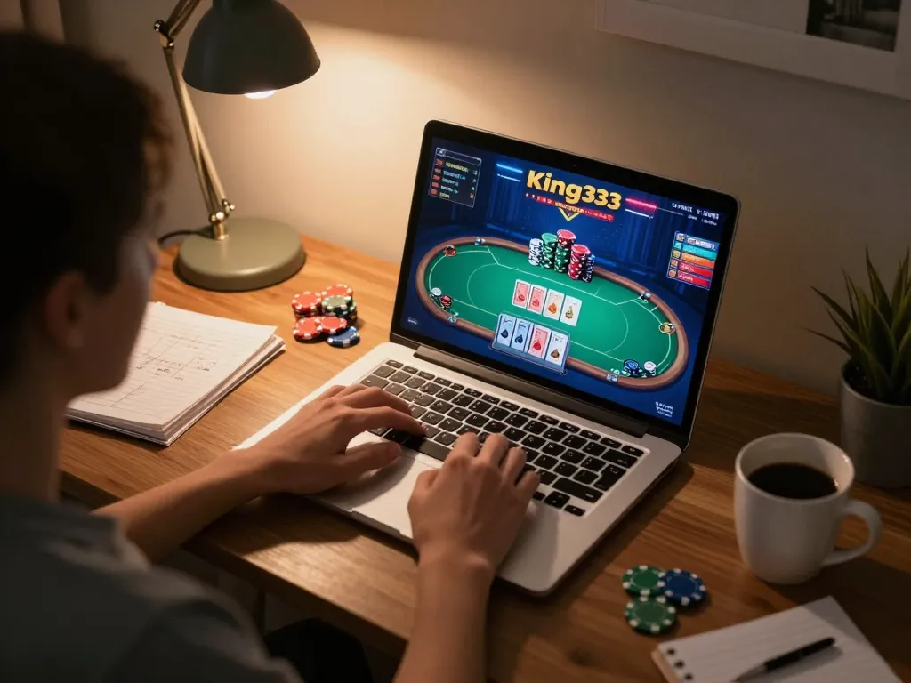 Player enjoying poker on king333 website with a cozy setup in a warm home office