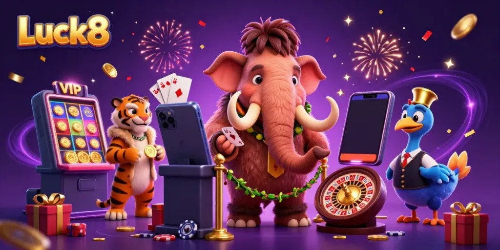 Engaging illustration of Luck8 characters in casino setting, promoting vibrant gaming experience.
