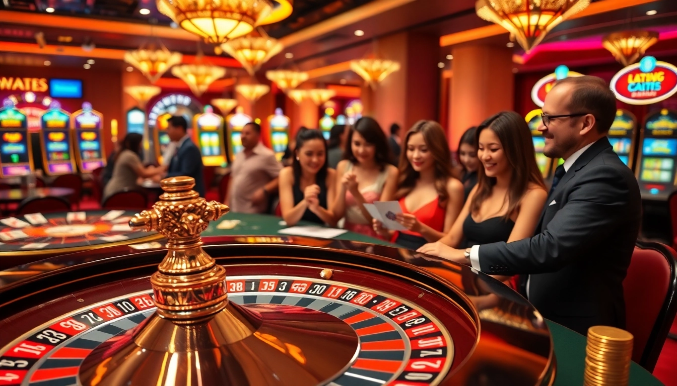 Players enjoying a vibrant casino atmosphere at 99win, with roulette, poker chips, and slot machines.
