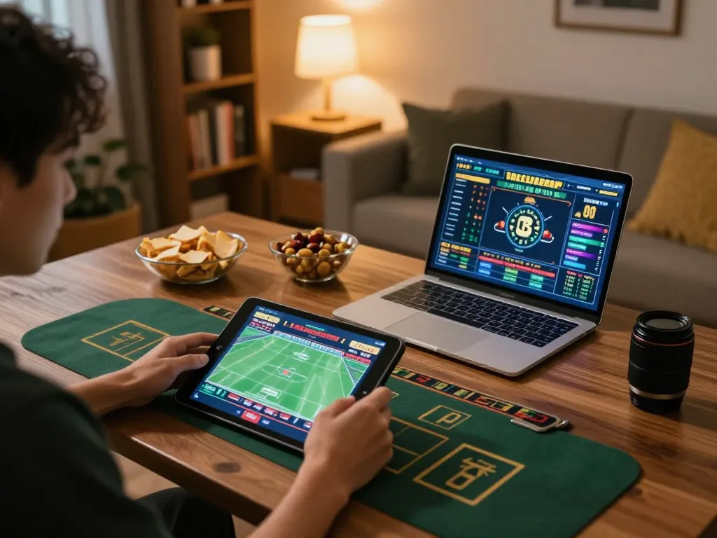Engaging online gaming setup with 789win link mới displayed on tablet, showing sports betting action in a cozy home.