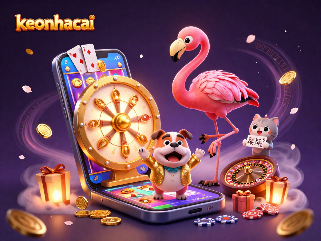 Join the excitement of keonhacai with a flamingo host, gaming prizes, and colorful slot reels.